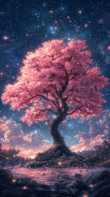 星空下的粉色樱花树