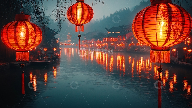 高清大图下载【趣麦麦图】红灯笼倒影水乡夜景