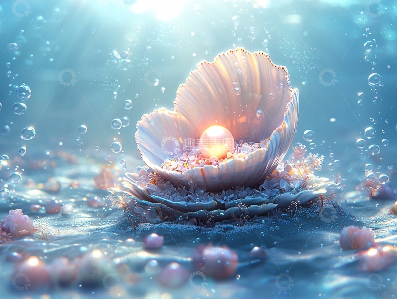 高清大图下载【趣麦麦图】海底珍珠贝壳散发光芒