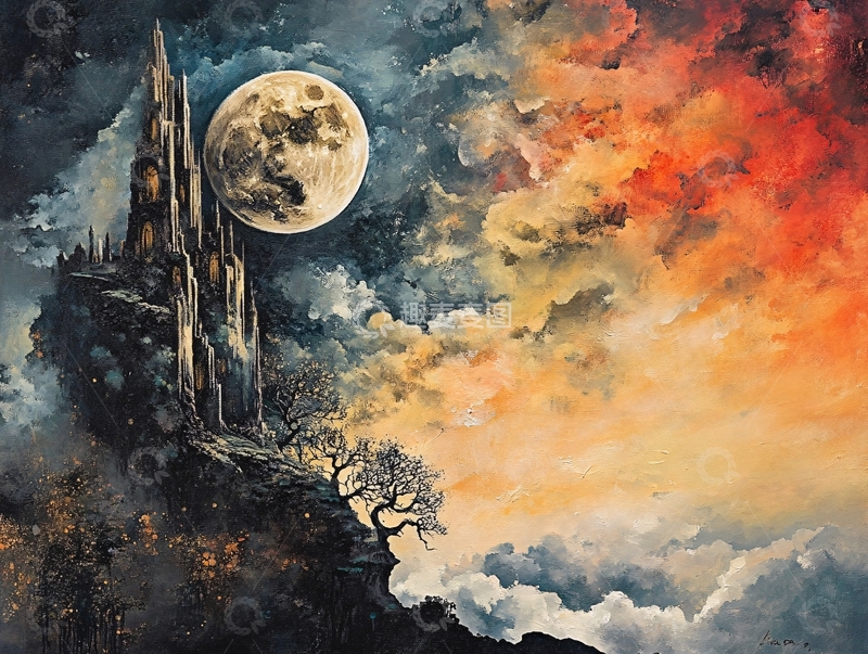 高清大图下载【趣麦麦图】哥特式城堡月夜风景画
