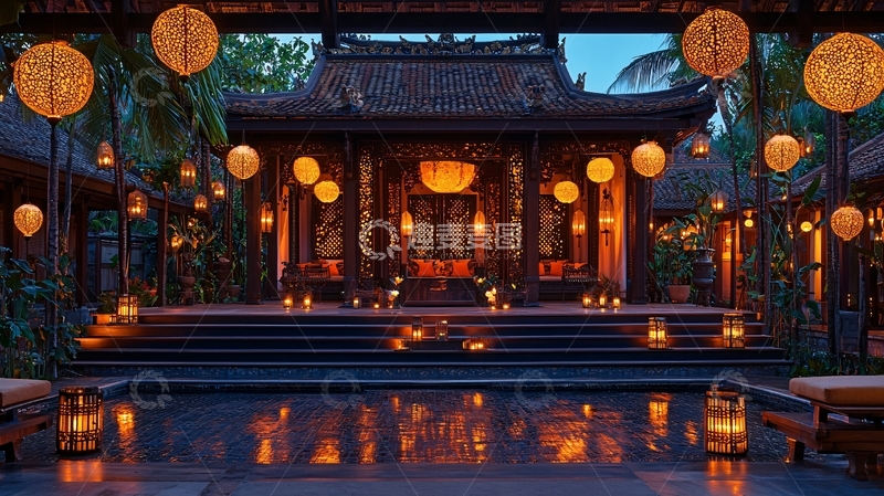 高清大图下载【趣麦麦图】夜晚庭院中式建筑