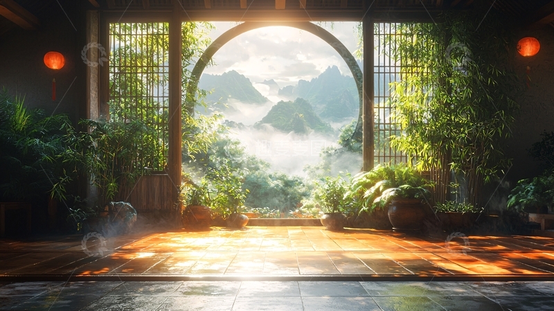 高清大图下载【趣麦麦图】中式庭院圆形拱门