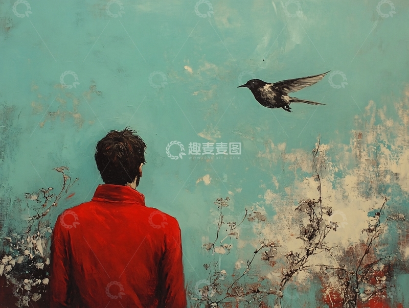 高清大图下载【趣麦麦图】-红衣男子凝望飞鸟