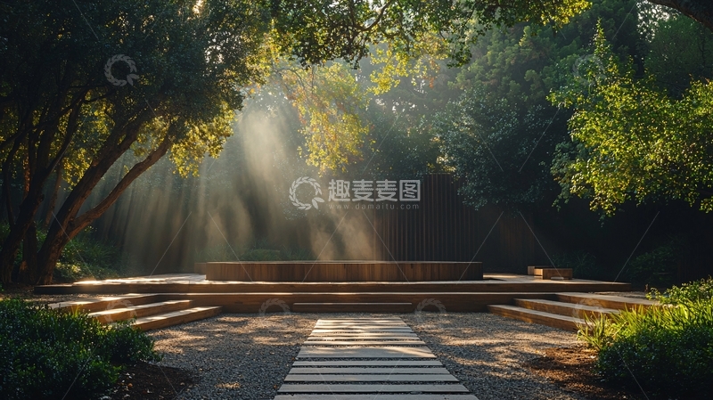 高清大图下载【趣麦麦图】阳光透过树林洒在石阶