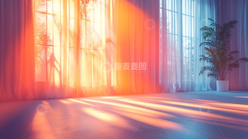 高清大图下载【趣麦麦图】阳光透过窗帘洒进房间