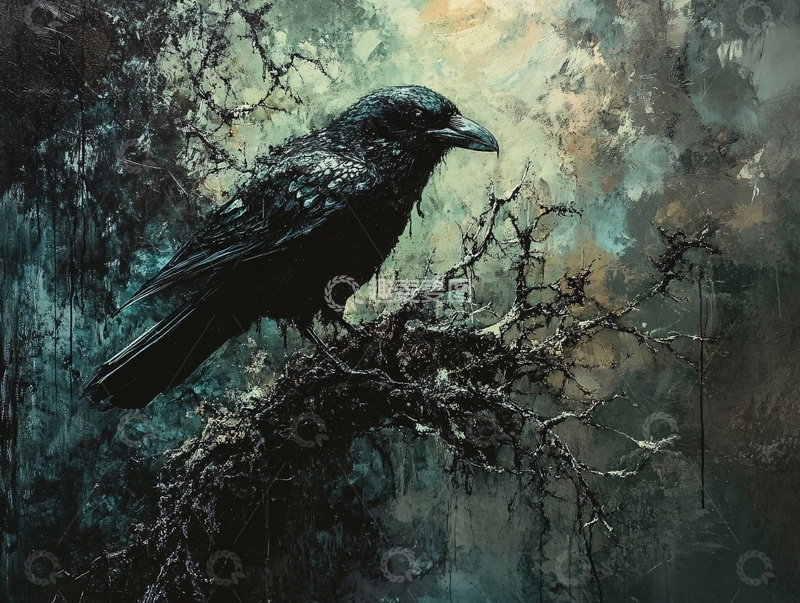 高清大图下载【趣麦麦图】乌鸦树枝暗色调绘画