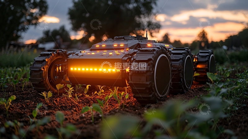 高清大图下载【趣麦麦图】夕阳下田野里的黑色履带机器人