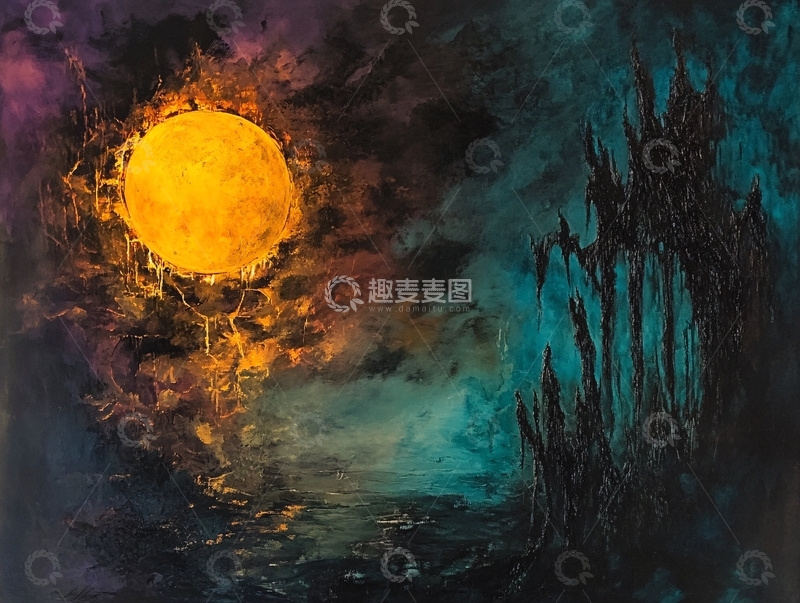 高清大图下载【趣麦麦图】暗色调奇幻森林日落