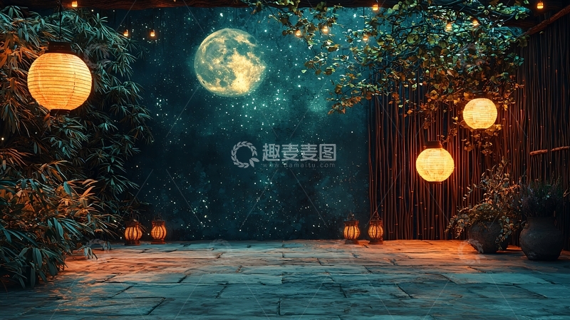 高清大图下载【趣麦麦图】月光夜景庭院
