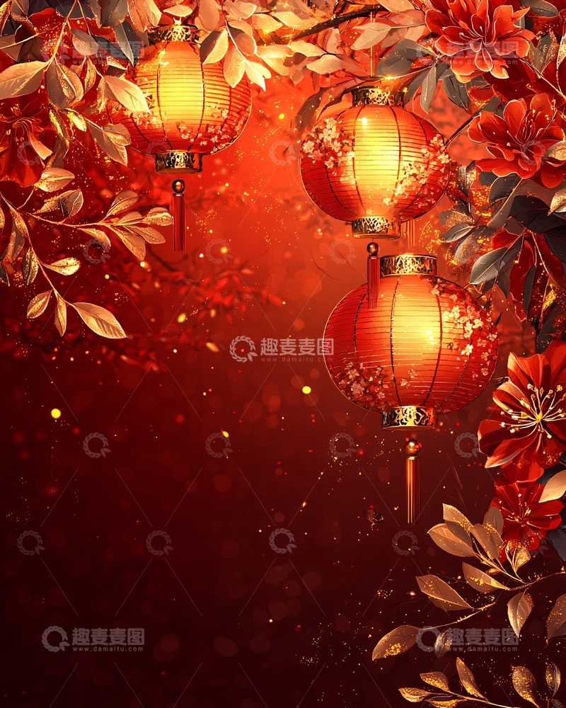 高清大图下载【趣麦麦图】红色灯笼与花卉的喜庆图