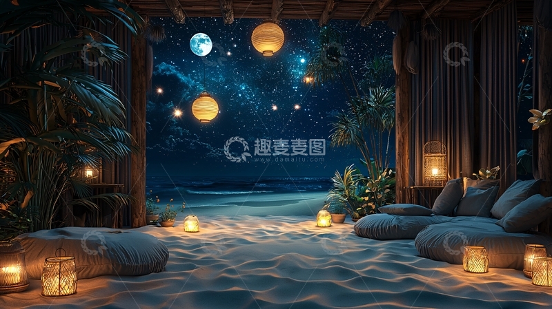 高清大图下载【趣麦麦图】海滩夜景浪漫氛围