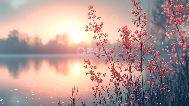 高清大图下载【趣麦麦图】清晨湖边粉色花朵