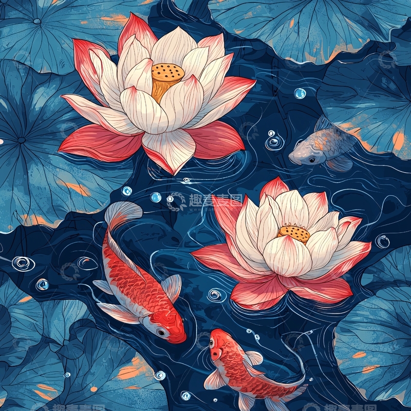 高清大图下载【趣麦麦图】红白睡莲与锦鲤
