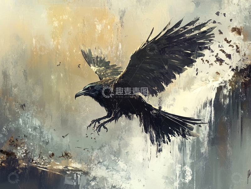 高清大图下载【趣麦麦图】水墨画风格飞翔的乌鸦