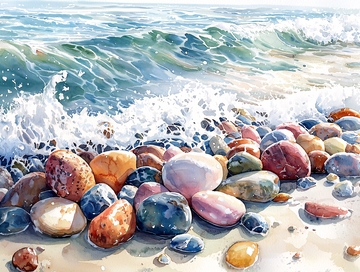海浪拍打彩色鹅卵石