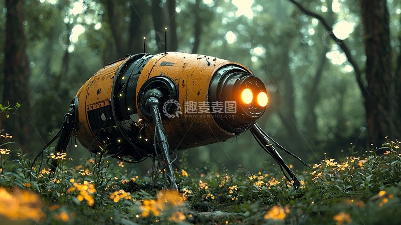 高清大图下载【趣麦麦图】森林里的小型黄色机器人