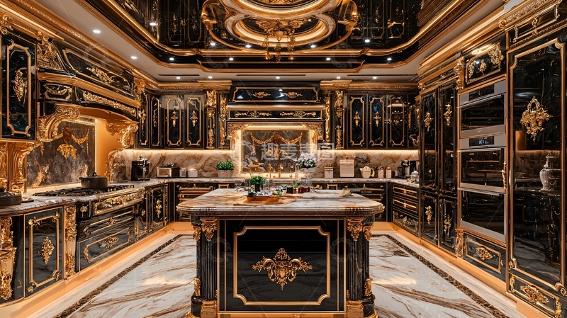高清大图下载【趣麦麦图】奢华黑色金色欧式厨房