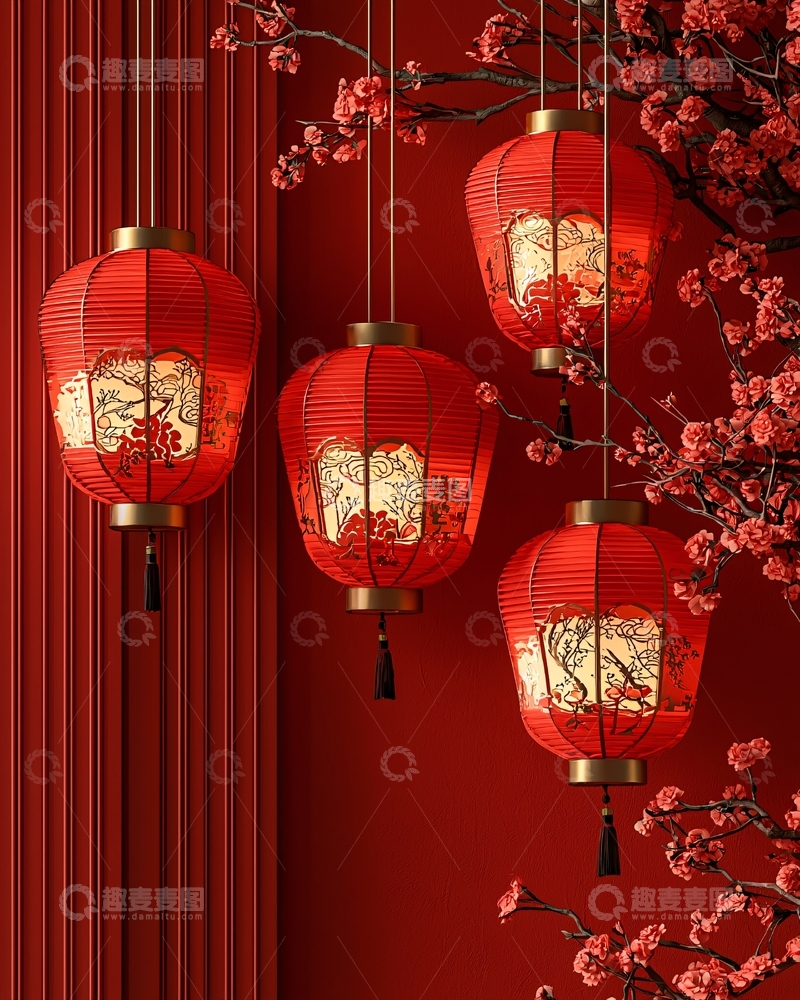 高清大图下载【趣麦麦图】红色灯笼与梅花装饰