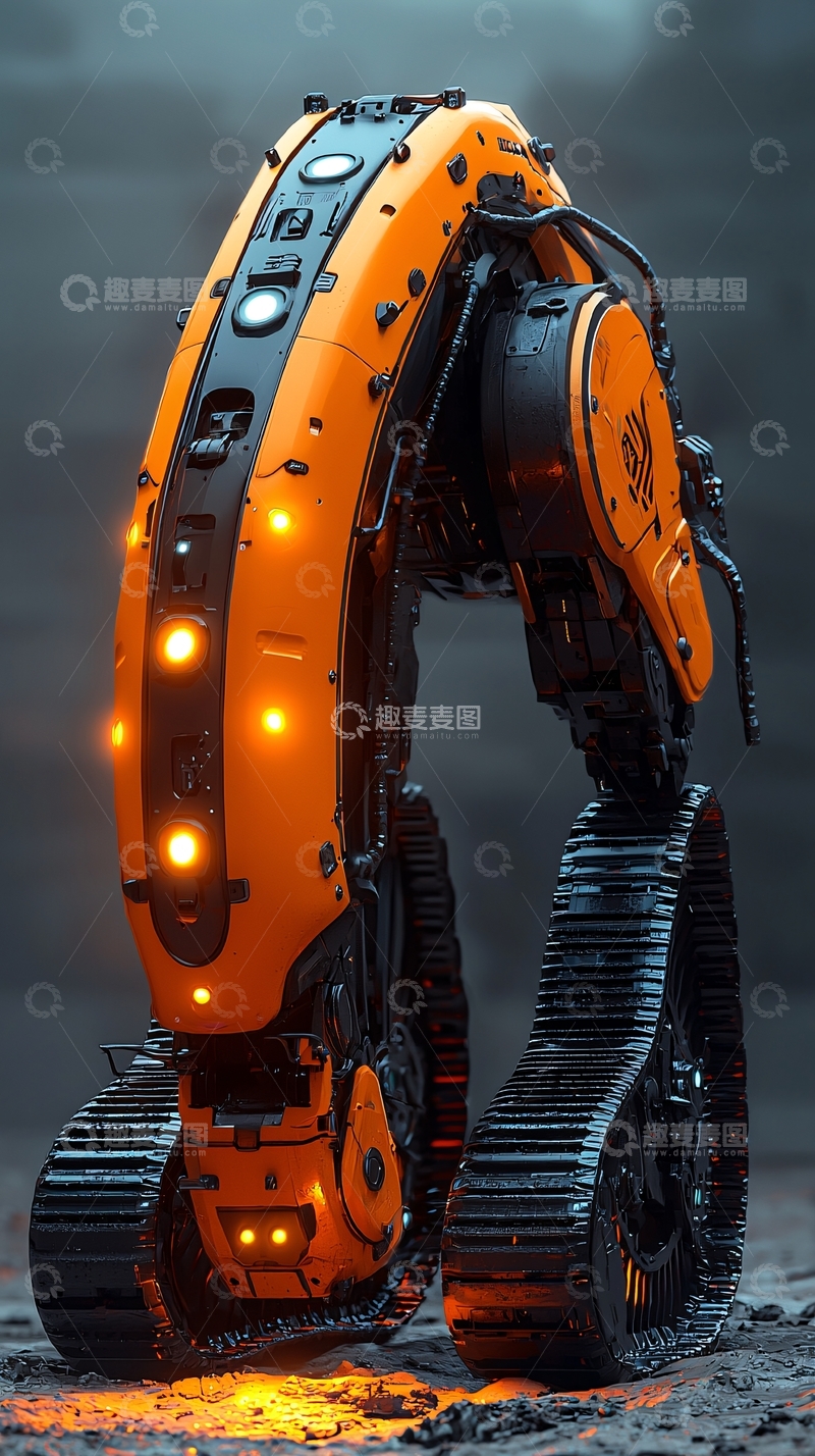 高清大图下载【趣麦麦图】未来科技感橙色履带机器人