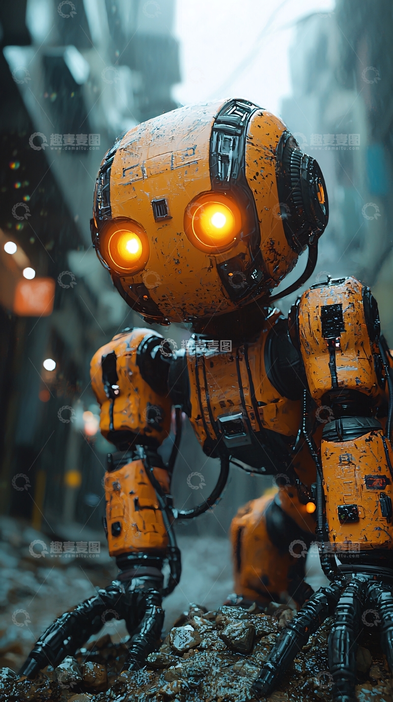 高清大图下载【趣麦麦图】雨中小型橙色机器人