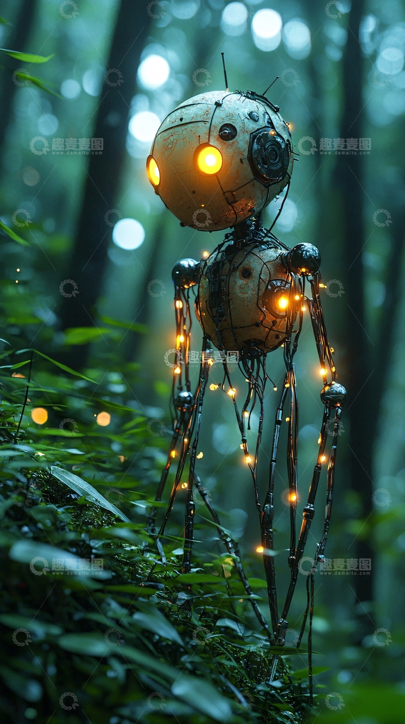 高清大图下载【趣麦麦图】森林中的发光机器人