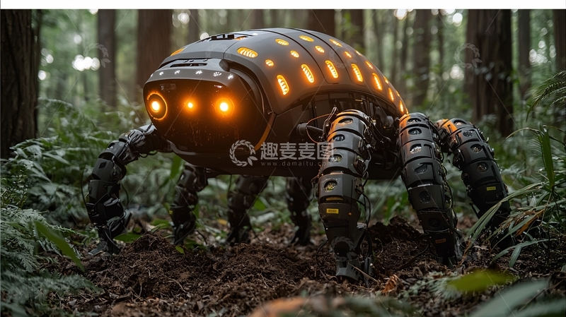 高清大图下载【趣麦麦图】森林中黑色蜘蛛机器人
