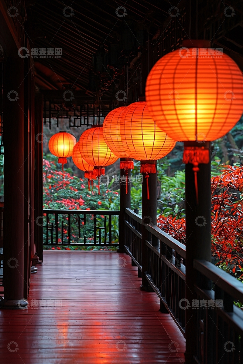 高清大图下载【趣麦麦图】中式走廊红灯笼