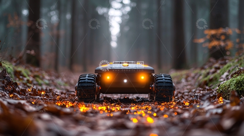 高清大图下载【趣麦麦图】森林道路上的黑色越野机器人