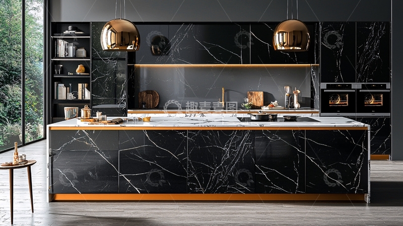高清大图下载【趣麦麦图】黑色大理石台面现代厨房