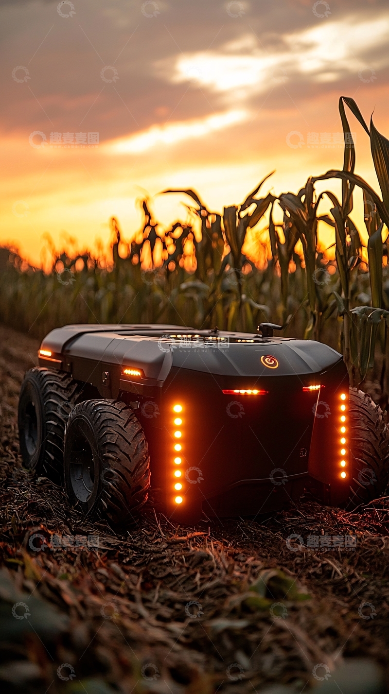 高清大图下载【趣麦麦图】夕阳下田地里的农业机器人