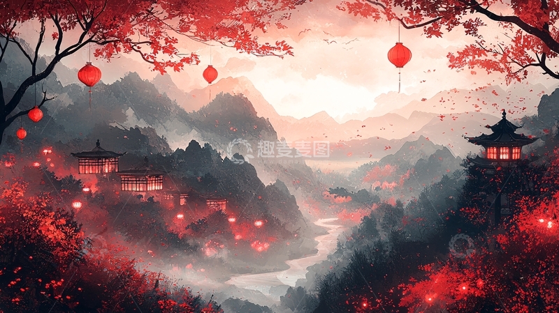 高清大图下载【趣麦麦图】红叶山谷祥和村落