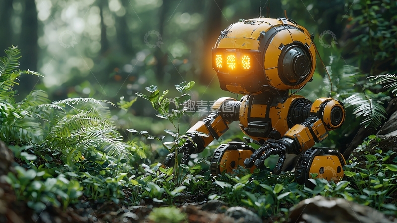高清大图下载【趣麦麦图】森林中的黄色机器人