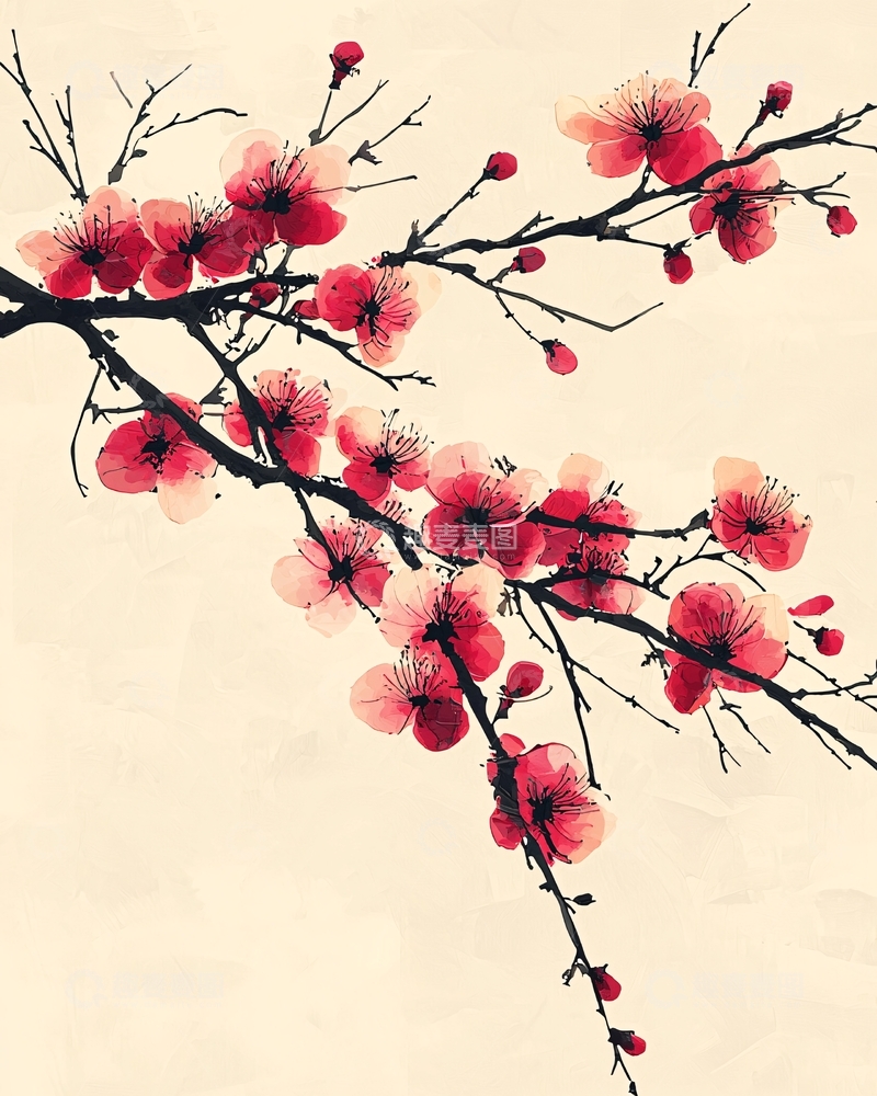 高清大图下载【趣麦麦图】红色梅花枝条水墨画
