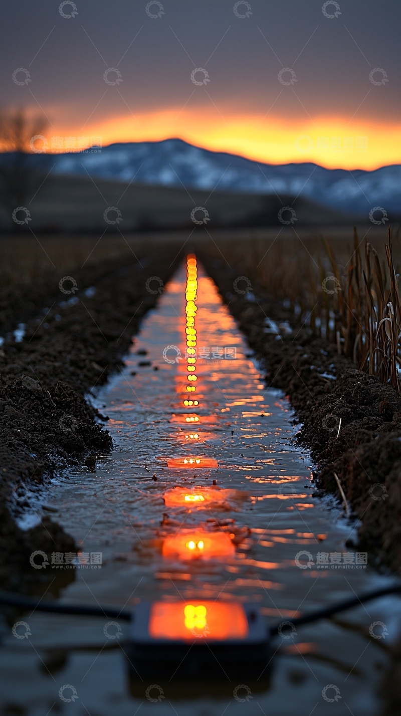 高清大图下载【趣麦麦图】田野日落灯光倒影