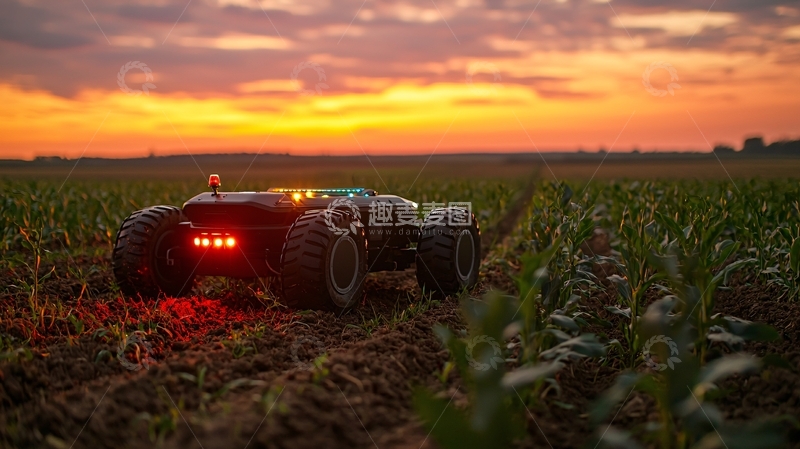 高清大图下载【趣麦麦图】-农田日落背景下的农业机器人