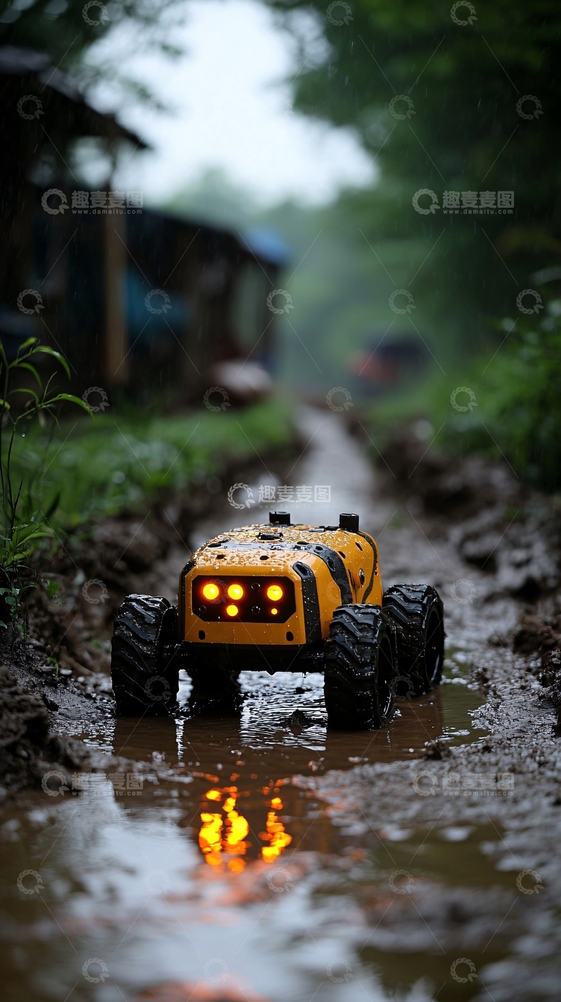 高清大图下载【趣麦麦图】泥泞道路上的黄色越野机器人
