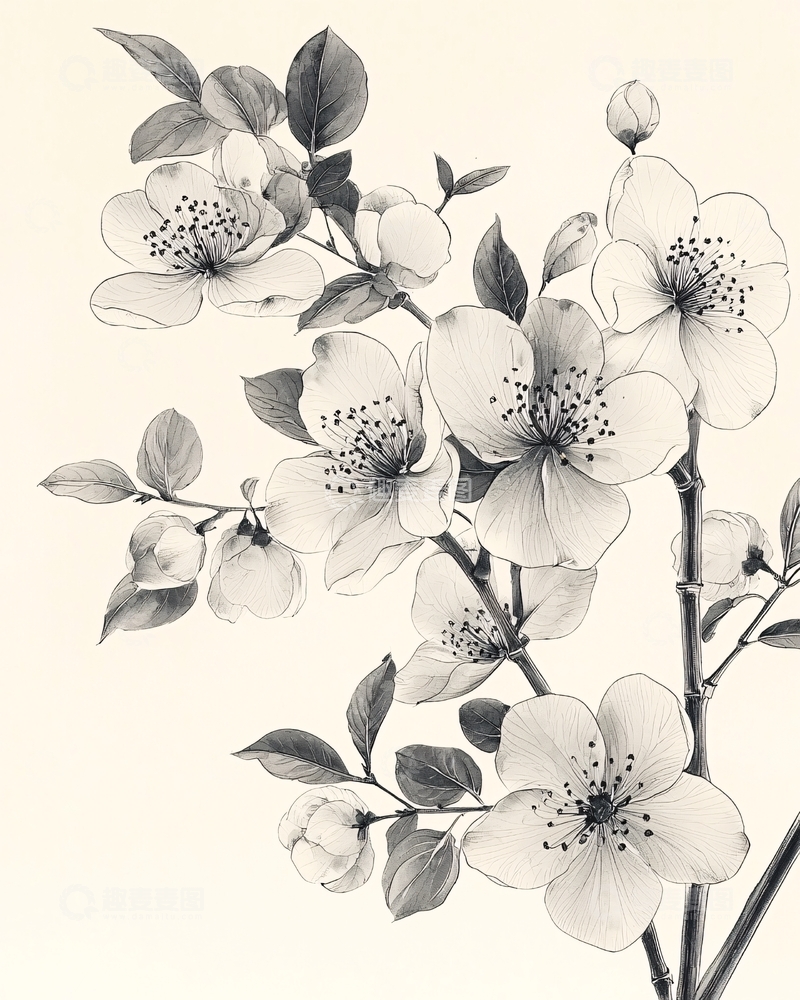 高清大图下载【趣麦麦图】黑白手绘花卉