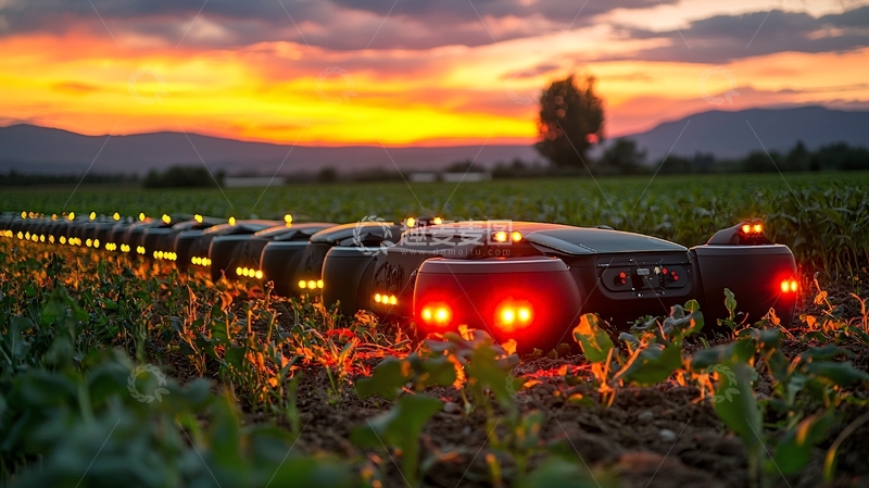 高清大图下载【趣麦麦图】田间作业机器人日落