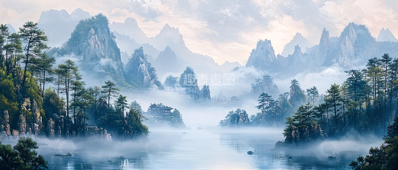 高清大图下载【趣麦麦图】山水画雾气缭绕