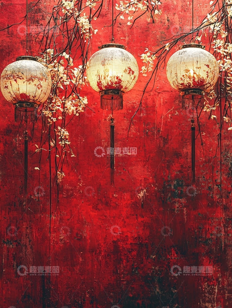 高清大图下载【趣麦麦图】红墙上悬挂的中国灯笼