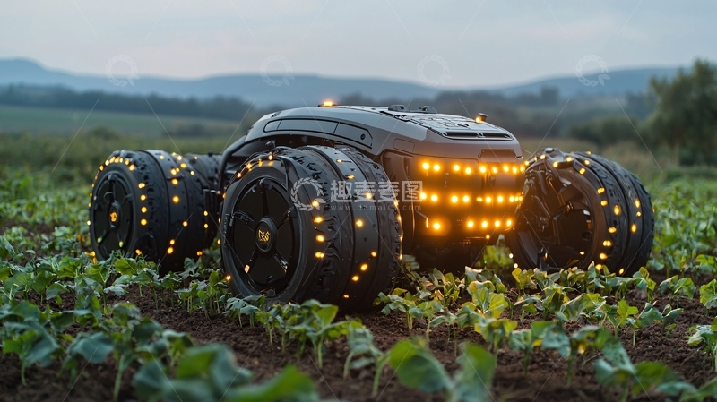 高清大图下载【趣麦麦图】田地里的黑色农业机器人