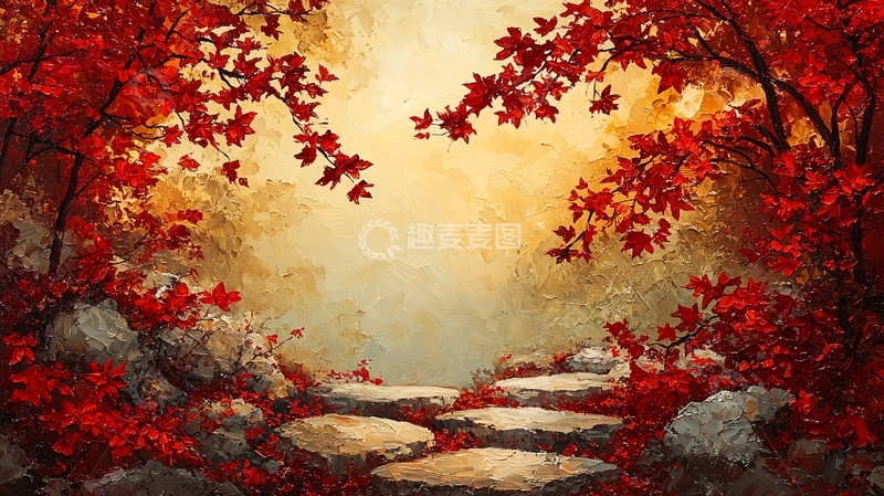 高清大图下载【趣麦麦图】秋日红叶石阶小路