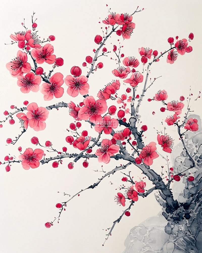 高清大图下载【趣麦麦图】粉色梅花水墨画