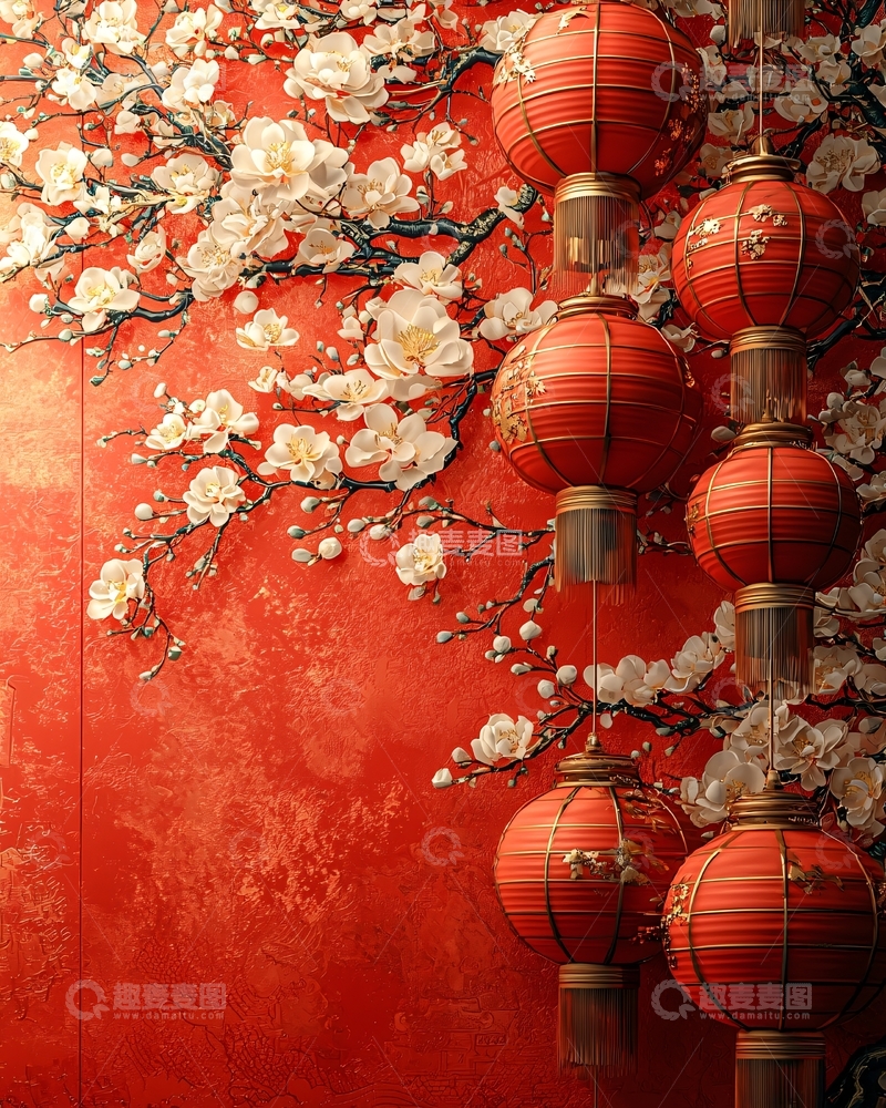高清大图下载【趣麦麦图】红墙红灯笼梅花