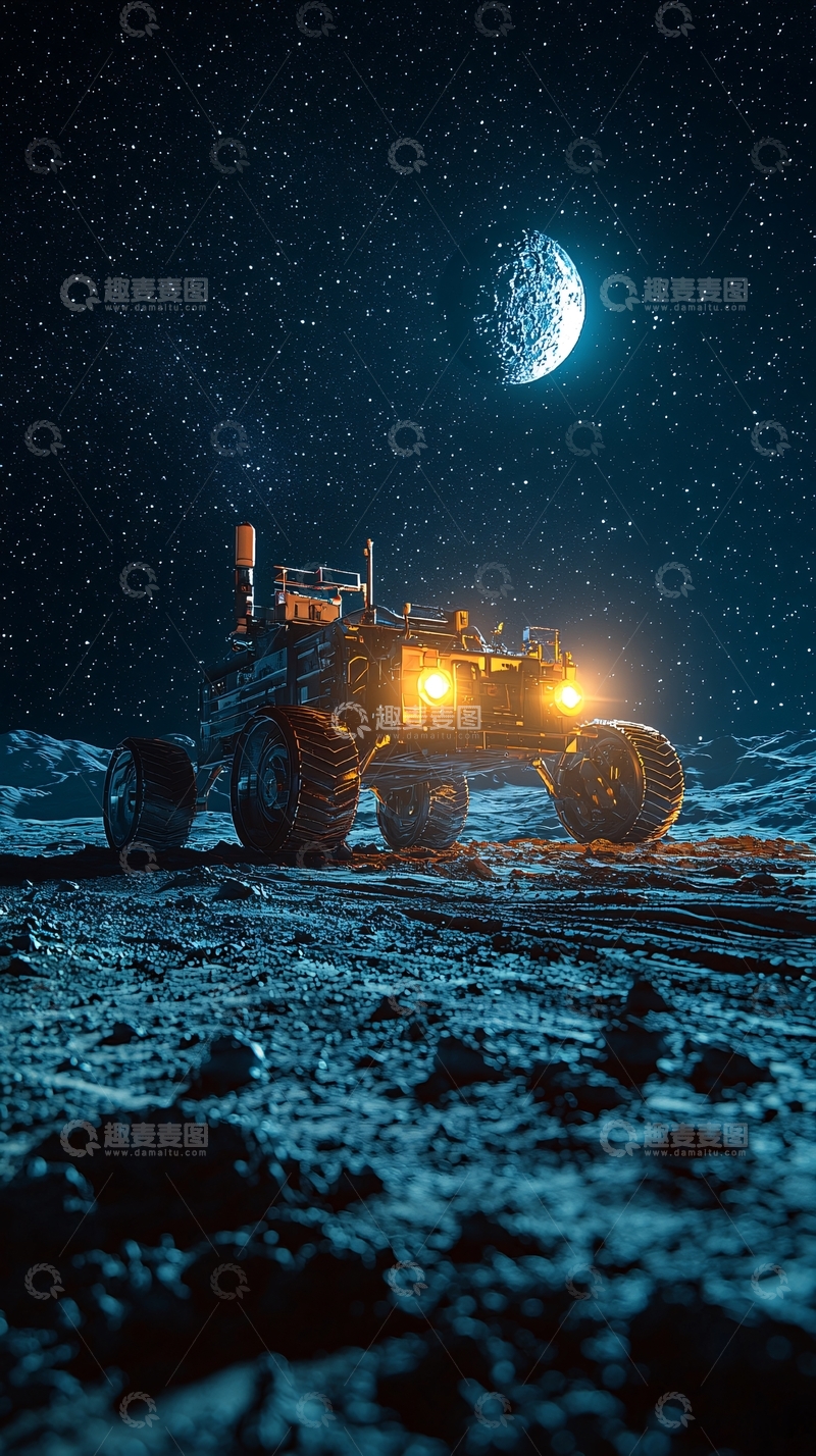 高清大图下载【趣麦麦图】月球车夜晚星空