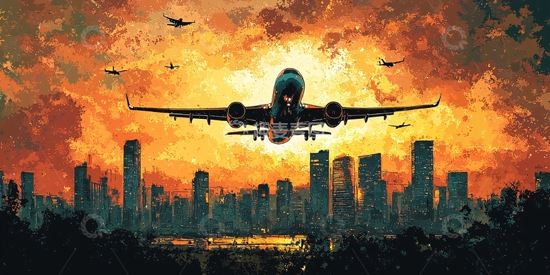 高清大图下载【趣麦麦图】飞机飞过城市