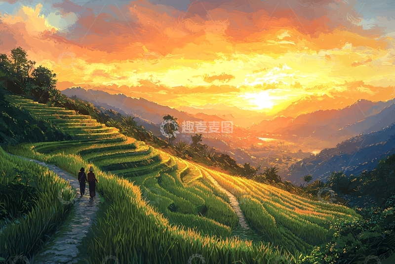 高清大图下载【趣麦麦图】日落梯田美景