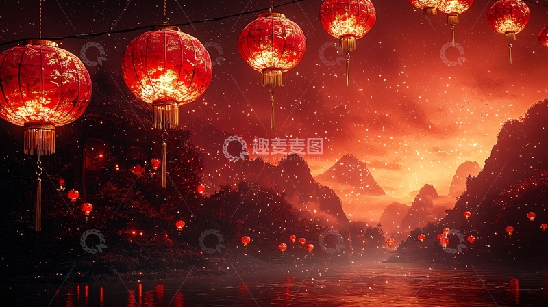 高清大图下载【趣麦麦图】红灯笼山川夜景
