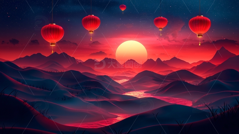 高清大图下载【趣麦麦图】红日山峦红灯笼