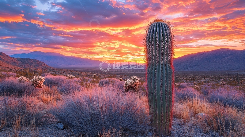 高清大图下载【趣麦麦图】沙漠日落仙人掌